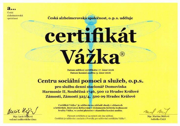 Certifikát Vážka