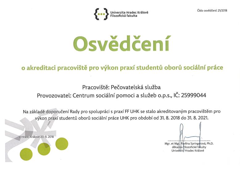 Osvědčení pečovatelská služba